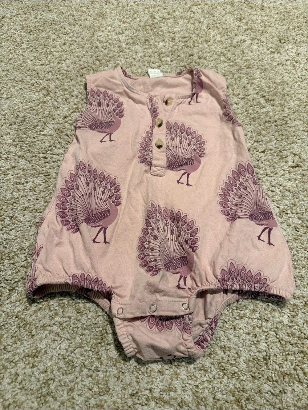kate quinn Pink Romper with Purple Peacock Print